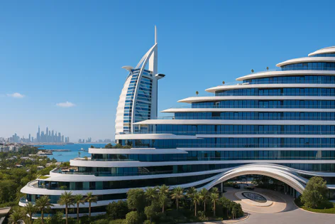 Luxury hotels in Dubai, showing the sail-shaped Burj Al Arab and the wave-like Jumeirah Beach Hotel, with the city skyline.