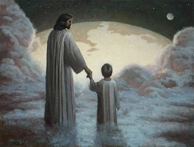 God holding a young boy's hand standing in the clouds and looking down on Earth.
