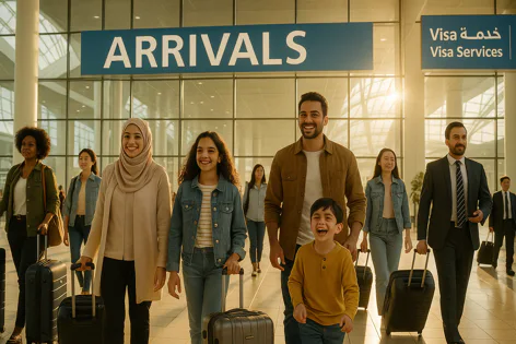 Diverse travelers, including a family with children, smile as they walk with luggage under the "ARRIVALS" sign at a sunlit airport.