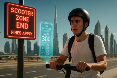Man on electric scooter looks shocked as holographic calculator shows AED 300 fine next to a neon 'Scooter Zone End' sign in Dubai.