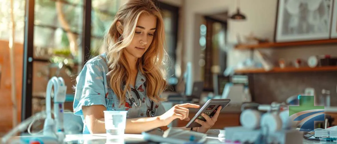 A young travel nurse using RPM technology on a tablet in a home office.