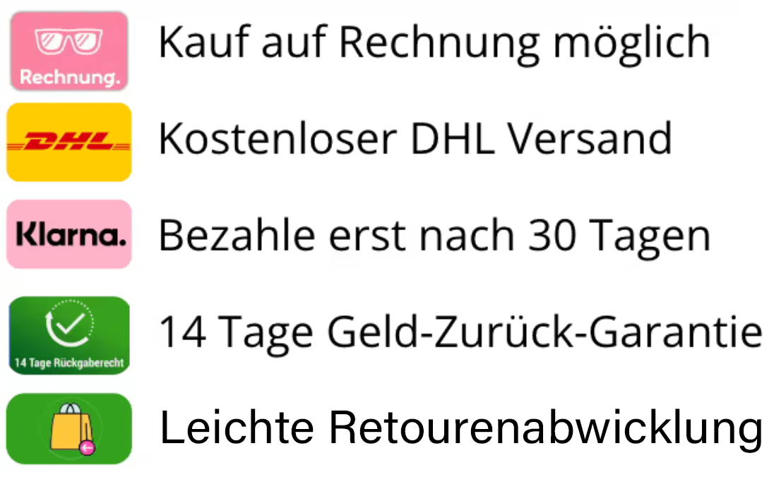 Kauf auf Rechnung, Kostenloser Versand, 14 Tage-Geld-Zurück, Leichte Retouren