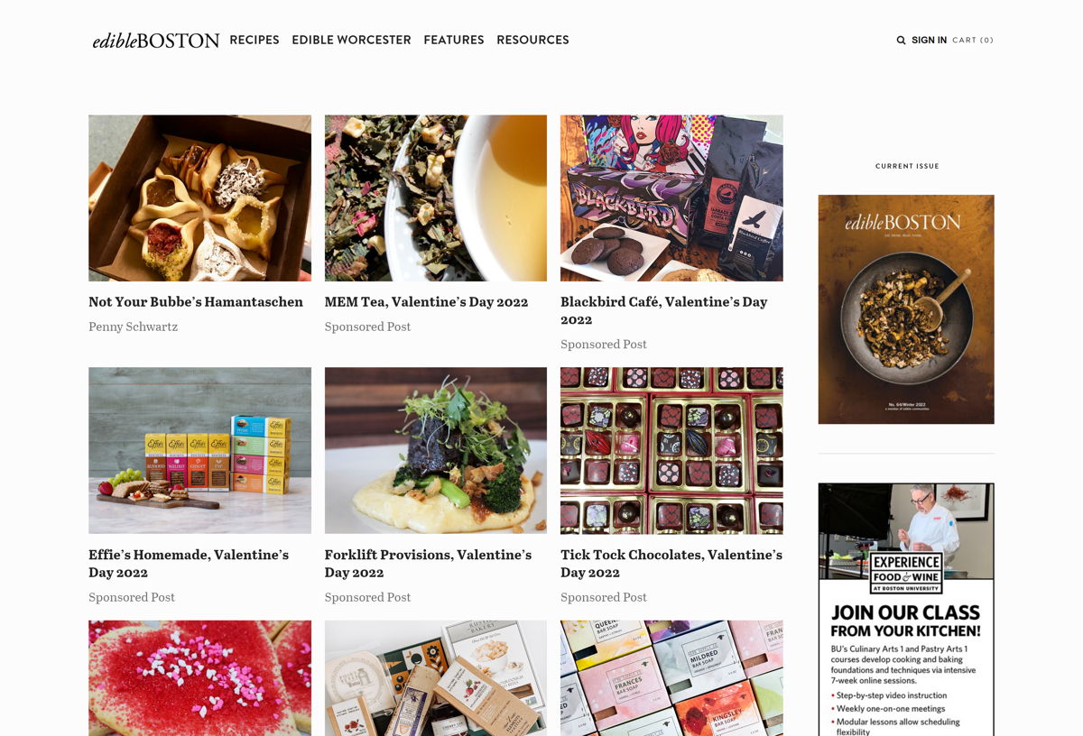 Screenshot of Edible Boston, from the squarespace websites  collection.