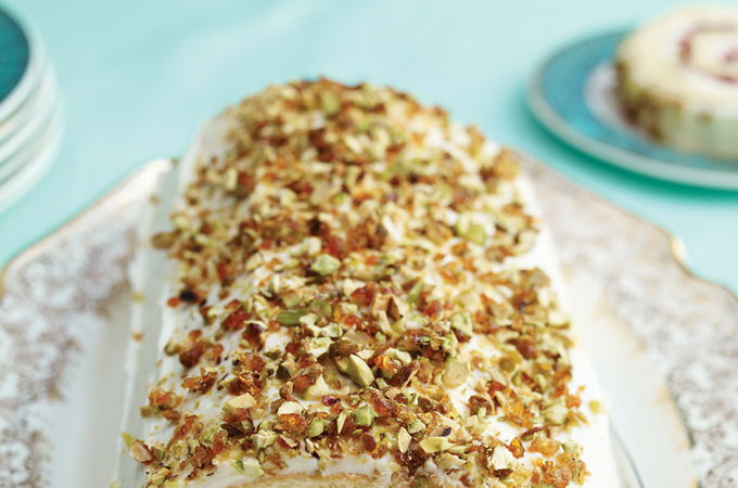 Cranberry, Raspberry, Mascarpone and Pistachio Yule Log