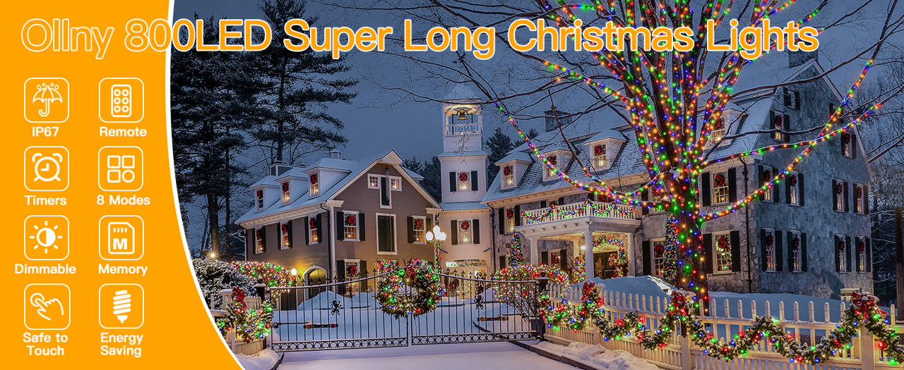 Features of Ollny's 800 leds multicolor IP67 waterproof Christmas lights