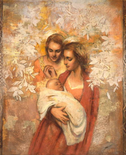 A young mother holding her infant. An angel watches on lovingly.
