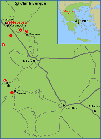 Map of the rock climbing areas around Meteora