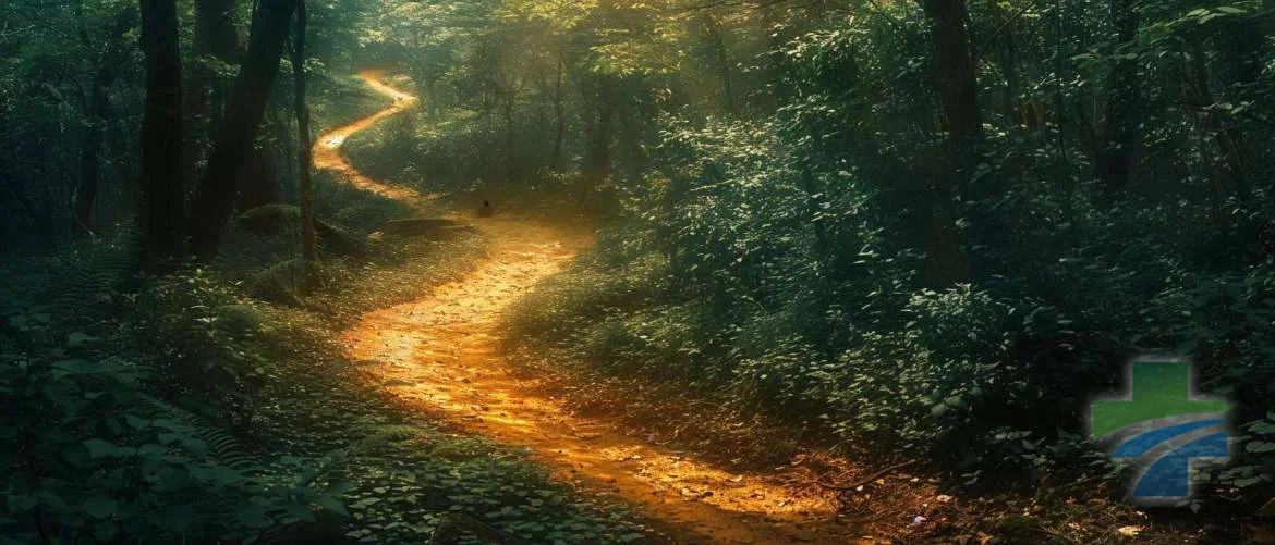 Solitary journey towards mental wellness in a sunlit forest