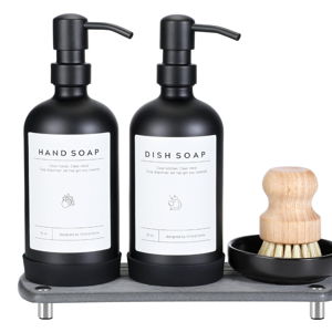 [Luxury] Kitchen Soap Dispenser Set - 16OZ Black Glass Bottle, Stainless Steel Pump, Instant Dry Tray, Waterproof Labels, Non-Slip Silicone Pad, and Dish Brush | Upgrade for Your Kitchen and Bathroom