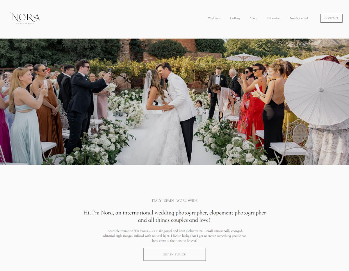 Screenshot of Nora Photography, from the wedding photography websites collection.