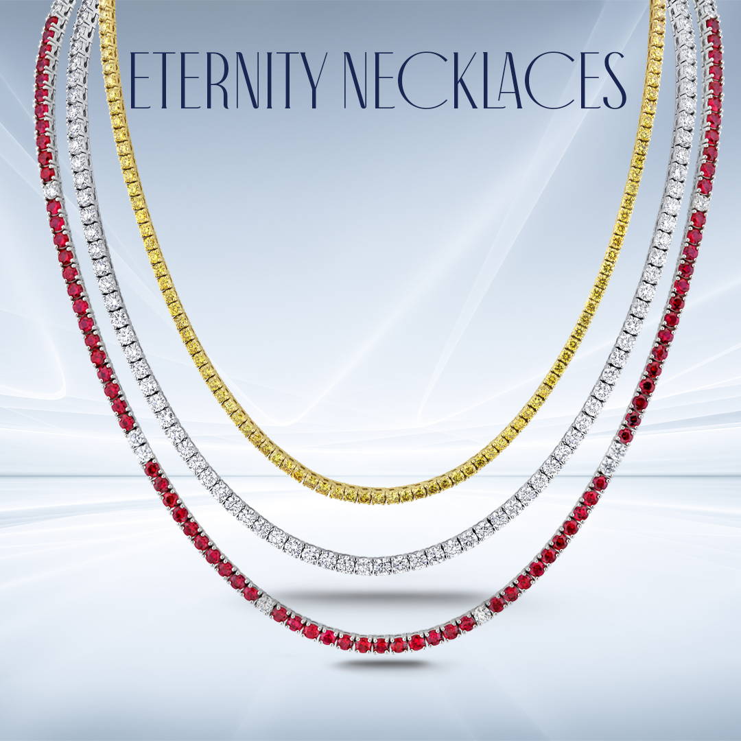 Eternity necklaces with diamonds and gemstones.