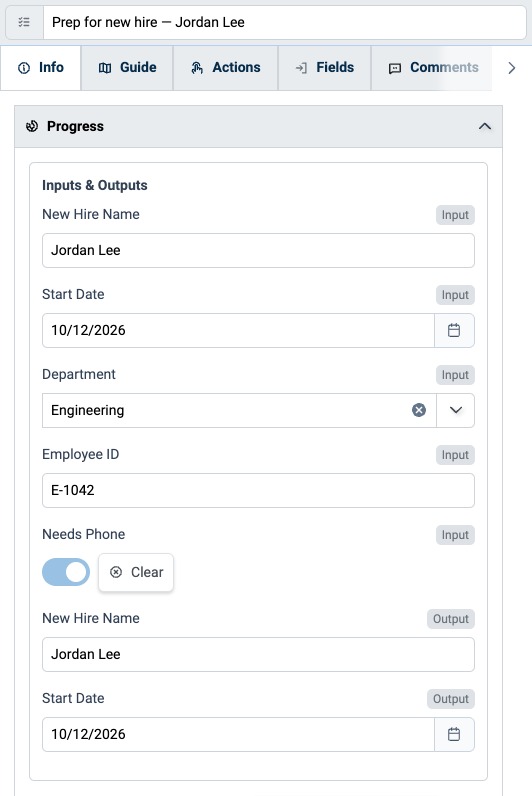 Progress panel on an Assignment's Info tab, with Input and Output Fields