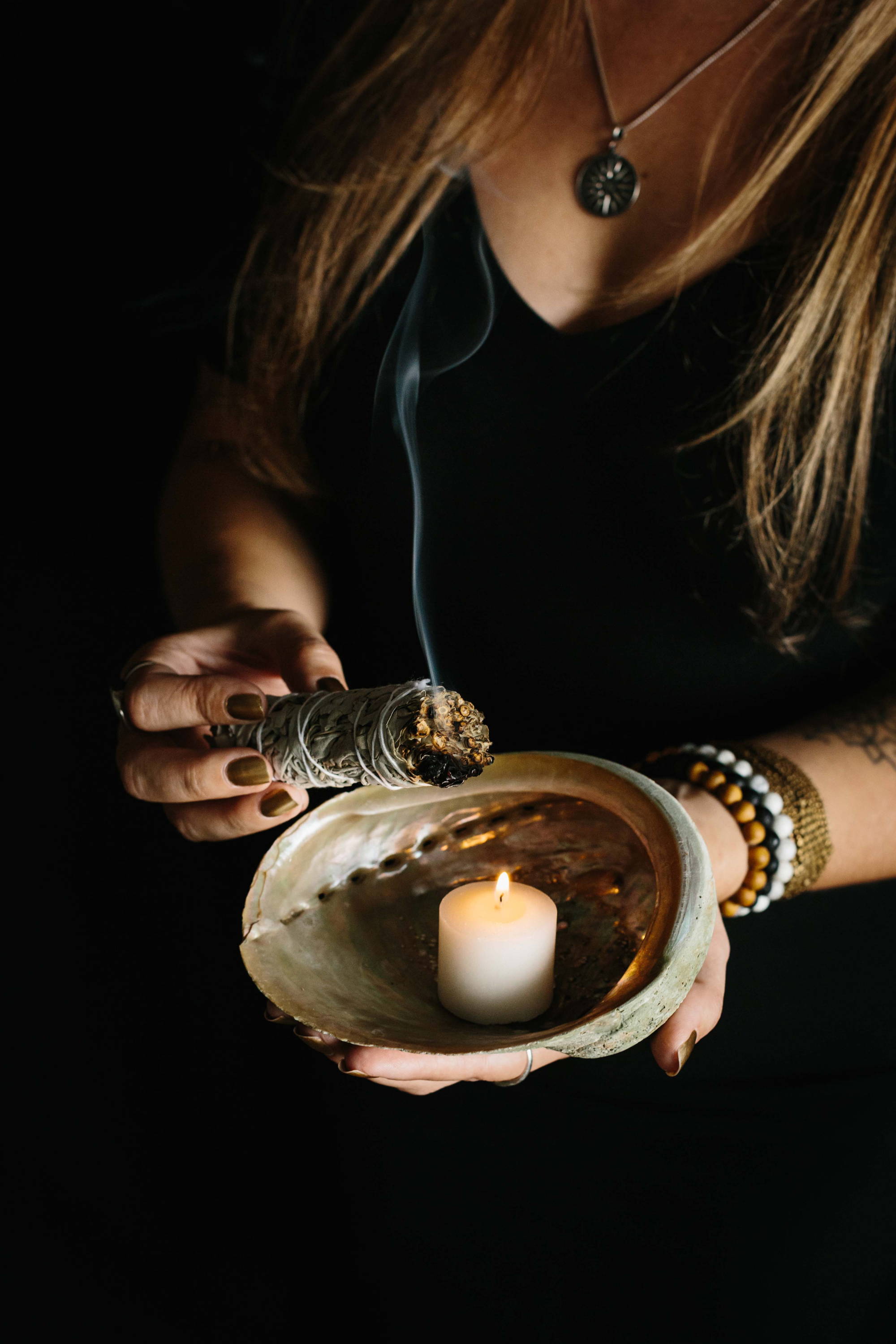 Abalone Shell with Candle and Sage Smudge Stick