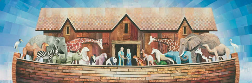 Detailed collage of paper cutouts forming a picture of Noah, his wife, and animals bowing their heads in prayer.