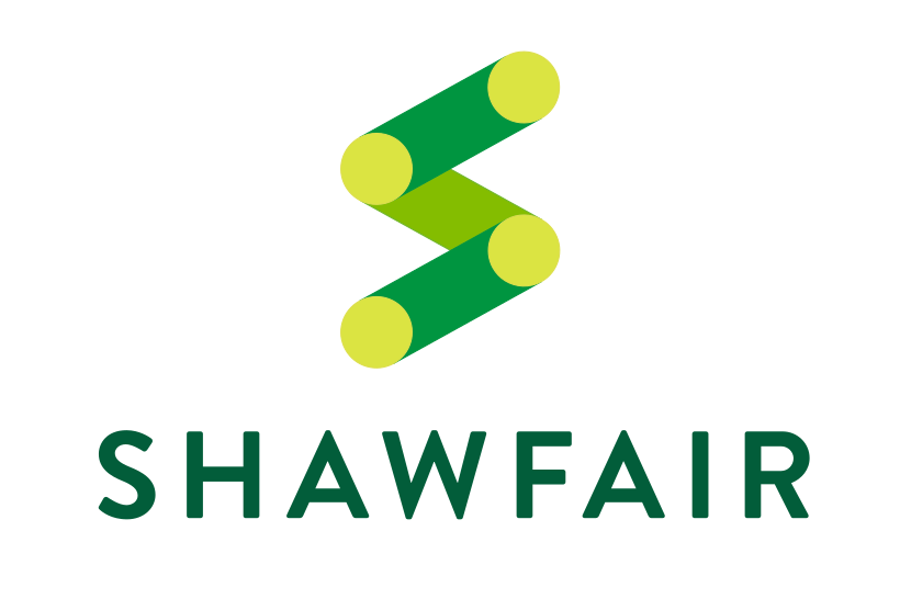 Logo with two green, diagonal bars forming an S shape with yellow circles at the ends, above the word SHAWFAIR in bold, dark green letters.