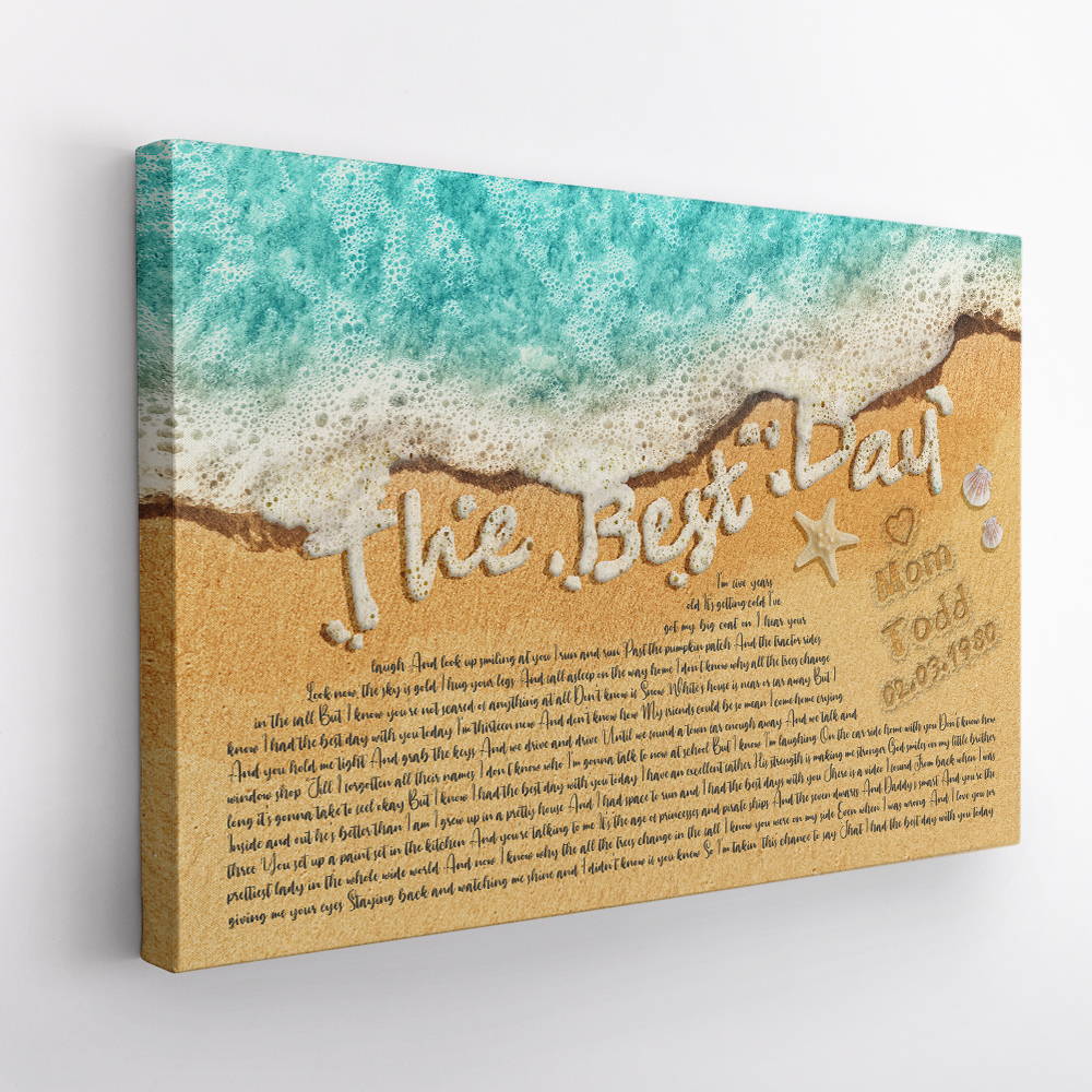 rectangular canvas wall art print name, date, song name, and song lyrics on sand beach background is the best gift for mom