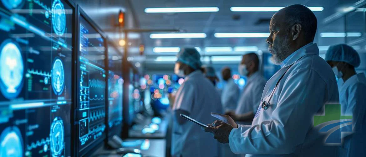 Nurses using digital tools in a high-tech hospital environment.
