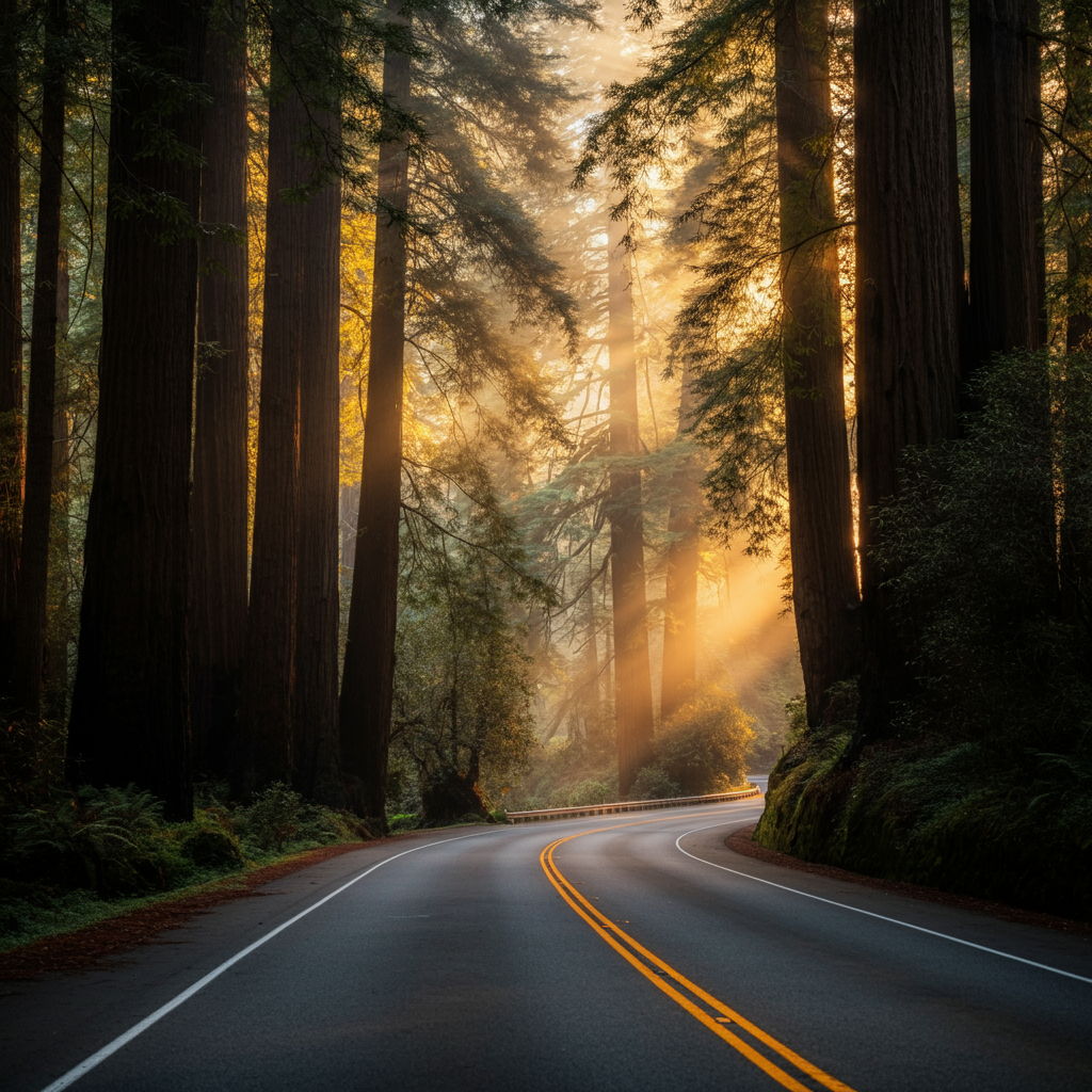A photographic style image of A scenic stretch of Highway 9 winding through redwood forests at sunrise, with golden light filtering through the canopy and morning mist rising from the valley below. high focus, sharp, lots of bright light, extra bright, highly detailed, high quality, dslr, film grain, fujifilm XT3, RAW photo, RAW candid cinema, color graded porta 400, depth of field, hyper realistic, natural-looking, expressive, textured skin, texture, 8k, photorealistic