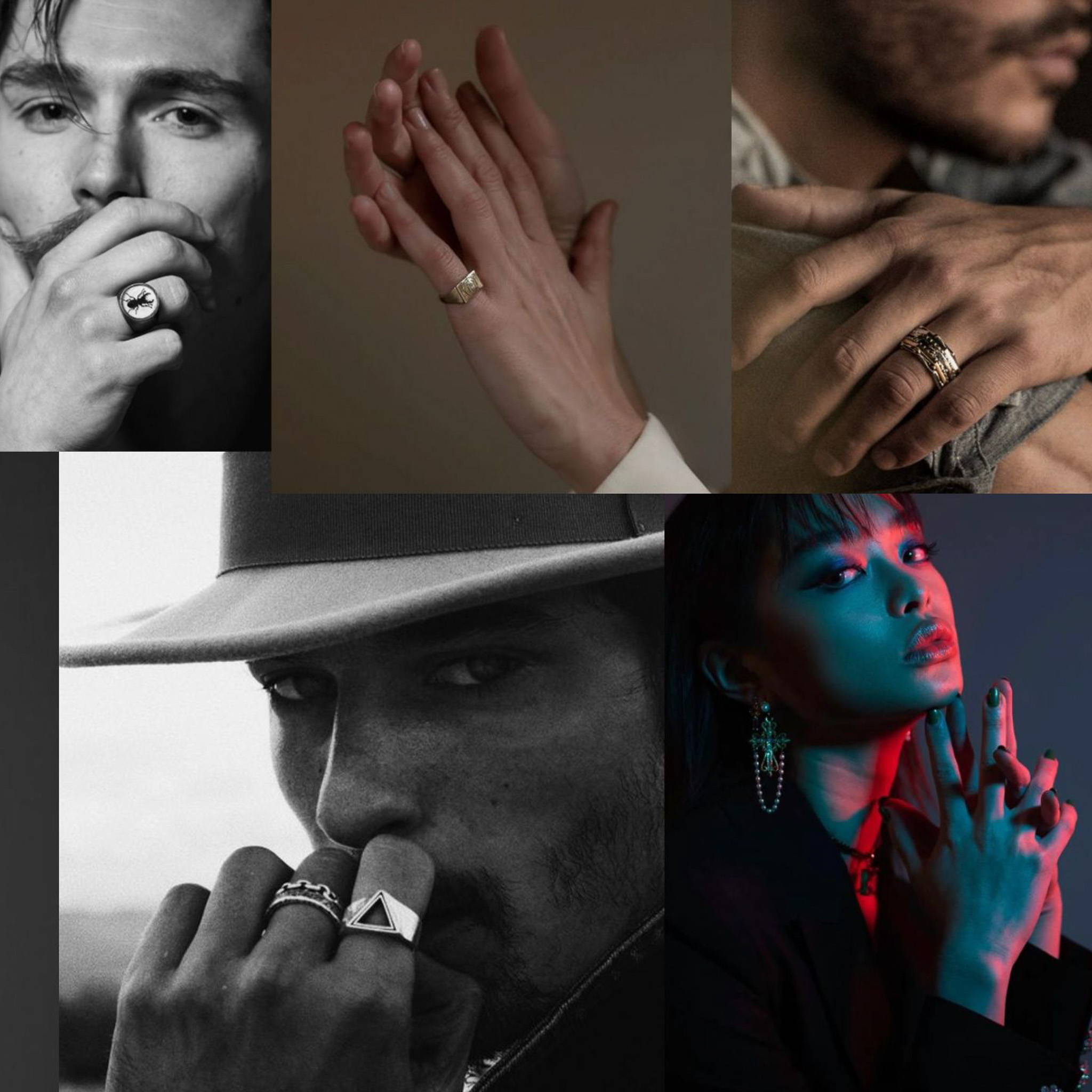 A collage of images featuring hands in various poses on or around faces. Each hand is wearing a different style of ring jewellery which can be seen close-up. 