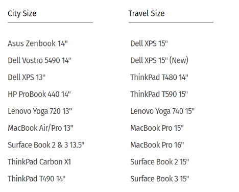 2 lists with types of laptops that fit in the city size Evora and the travel size version