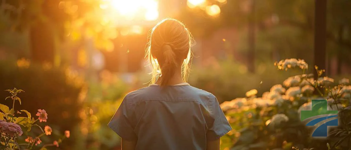 Travel nurse reflects in hospital's green garden at dawn, symbolizing eco-friendly healthcare.