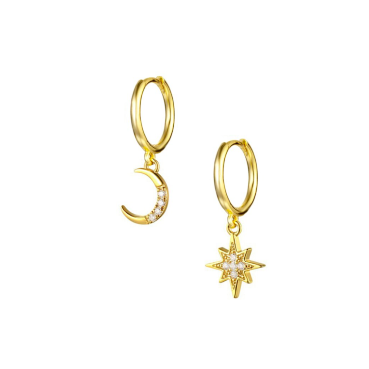 Moon & Star | Pair Earrings | Silver & Gold Plated