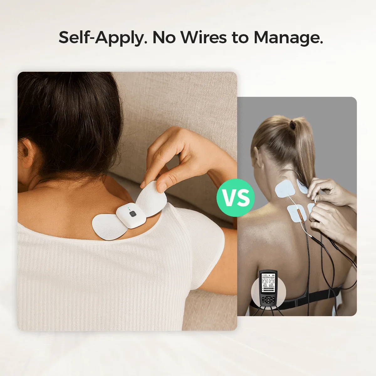 女性がワイヤレスのWellue TENSポッドを肩に簡単に装着している様子と、ケーブル管理が必要な従来の有線TENSユニットとの比較