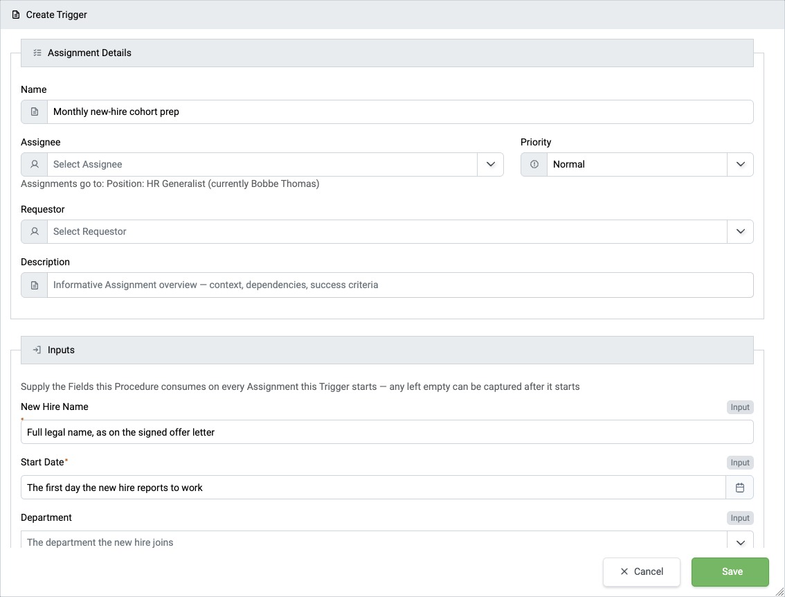 Create Trigger dialog with Assignment Details and Inputs