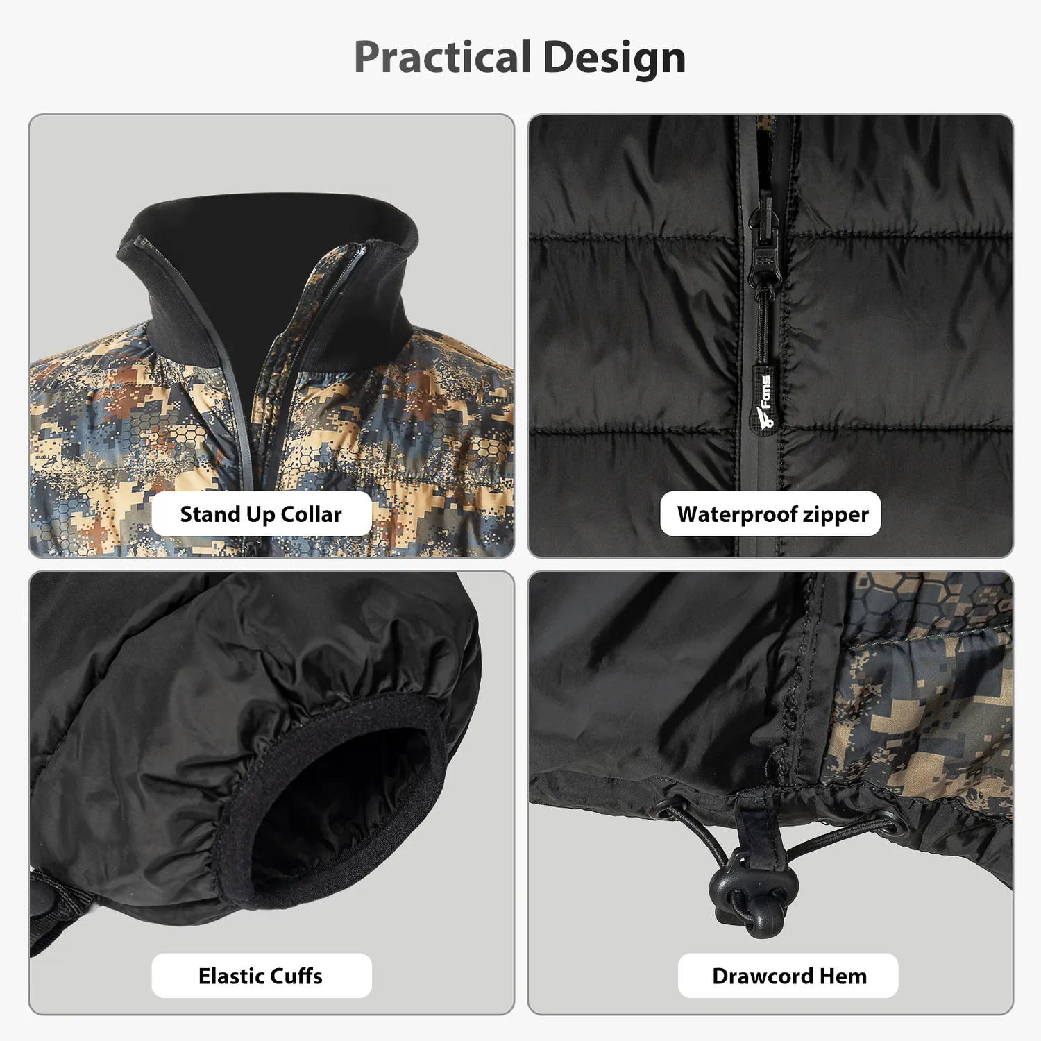 This hunting jacket features a practical design with a stand-up collar for added warmth and protection