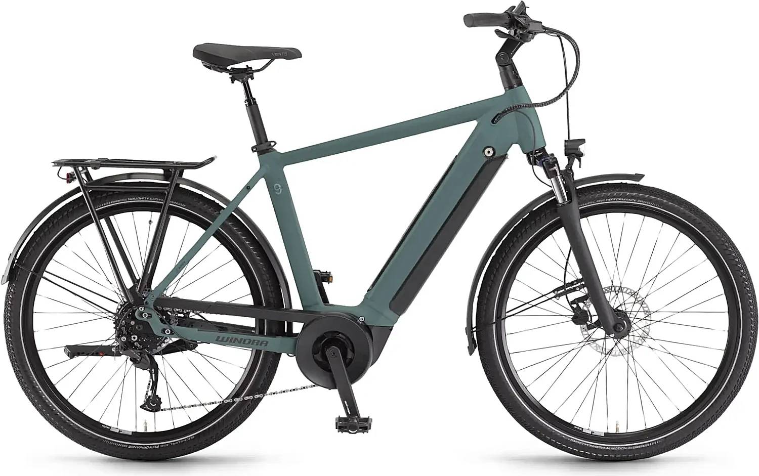 Winora Sinus 9 à cadre diamant vert mat, vue latérale, avec batterie Bosch PowerTube intégrée, garde-boue et porte-bagages