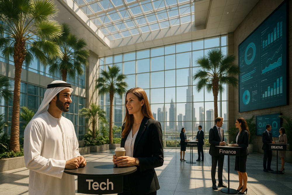 Diverse business professionals networking in a modern office lobby with palm trees, city skyline view, and large data screens displaying charts.