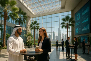Diverse business professionals networking in a modern office lobby with palm trees, city skyline view, and large data screens displaying charts.