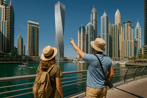 A couple wearing hats looks at skyscrapers and the twisted Cayan Tower along the Dubai Marina waterfront on a sunny day, pointing at the view.