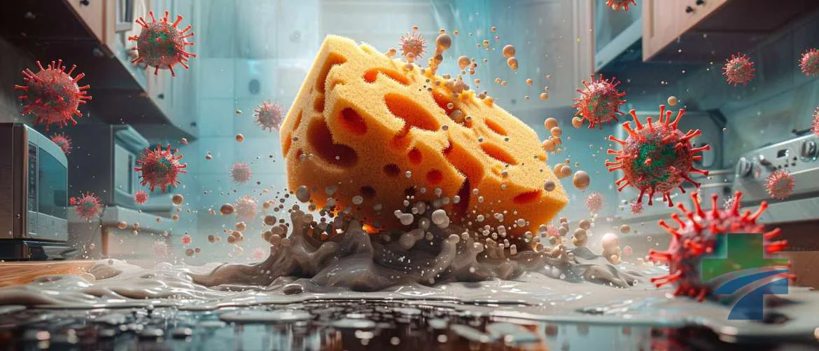 An epic kitchen battle scene, microbes versus a gigantic sponge shield.