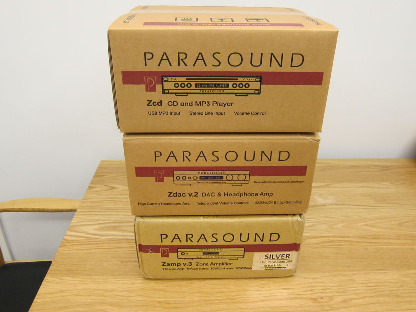 Parasound Z Triple Stack in Silver: Zdac v.2 DAC/Headphone Amp, Zcd CD Player, Zamp v.3 Stereo Amplifier