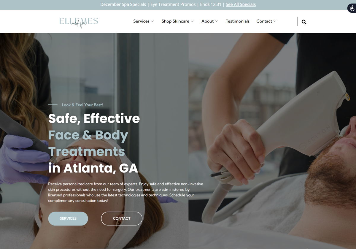 Screenshot of Ellemes Med Spa, from the esthetician websites collection.