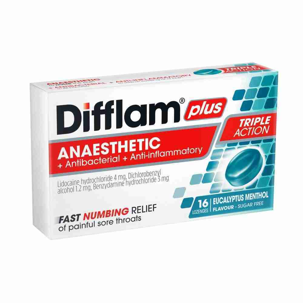 Difflam Plus Anaesthetic Sore Throat Lozenges Menthol & Eucalyptus Flavour 16 Pack - Image 2