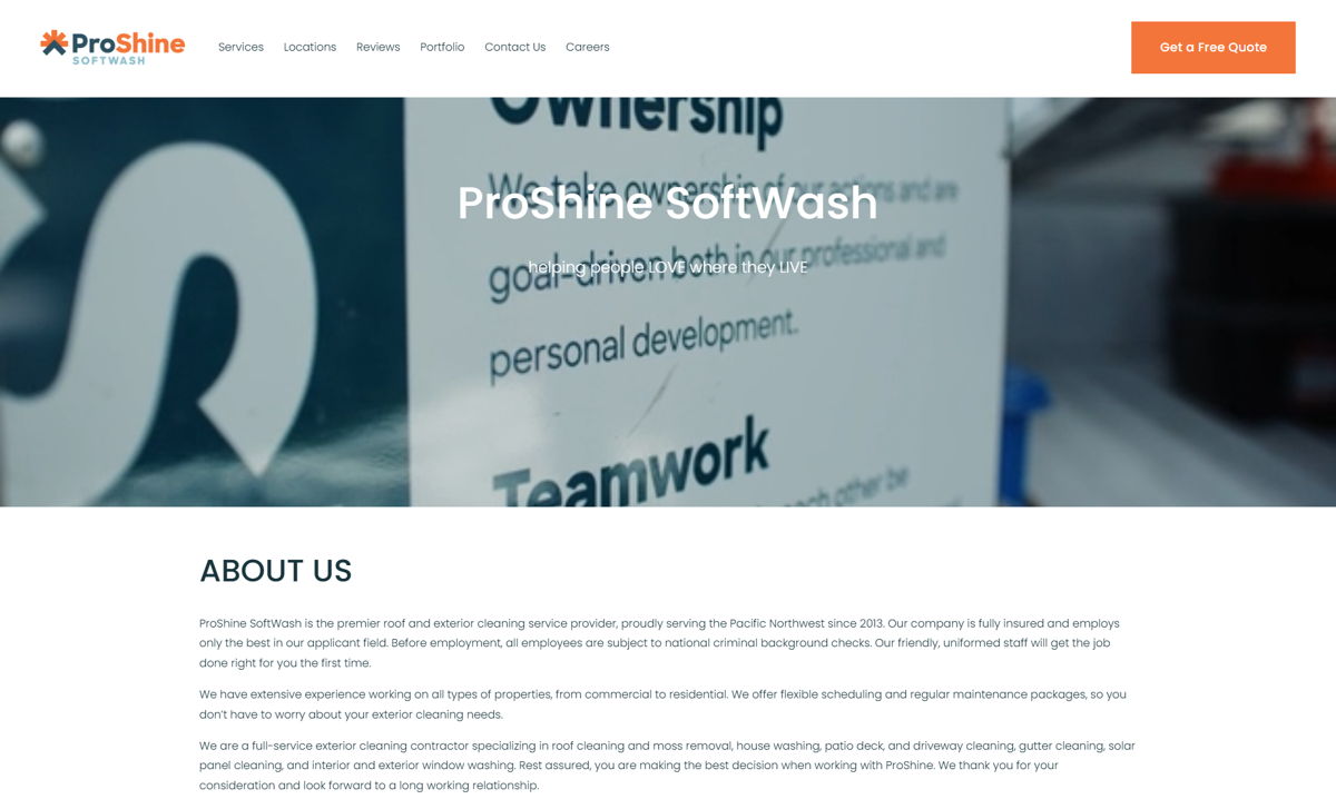 Screenshot of ProShine SoftWash, from the pressure washing websites collection.