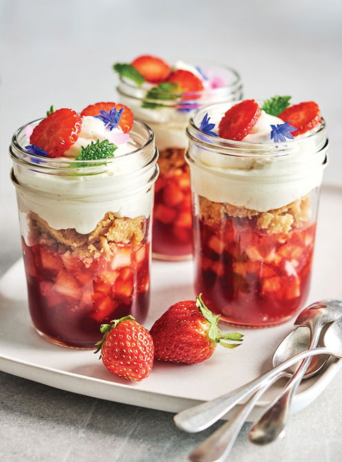 Strawberries, Crumble and Lemon Balm Cream in a Jar