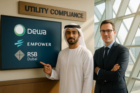 Two men, one in a suit and one in traditional Arabic dress, stand next to a screen showing logos for DEWA, EMPOWER, and RSB Dubai, beneath a "UTILITY COMPLIANCE" sign.