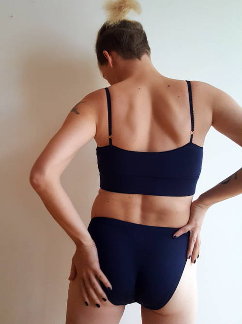 Val modelling the valkyrie underwear + bralette in navy