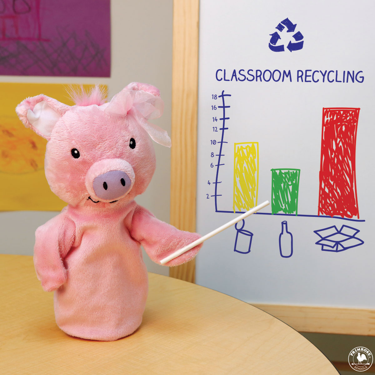 Primrose puppet Megy the pig points to a graph about classroom recycling
