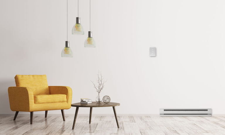 living room with electric baseboard heating controlled by Mysa