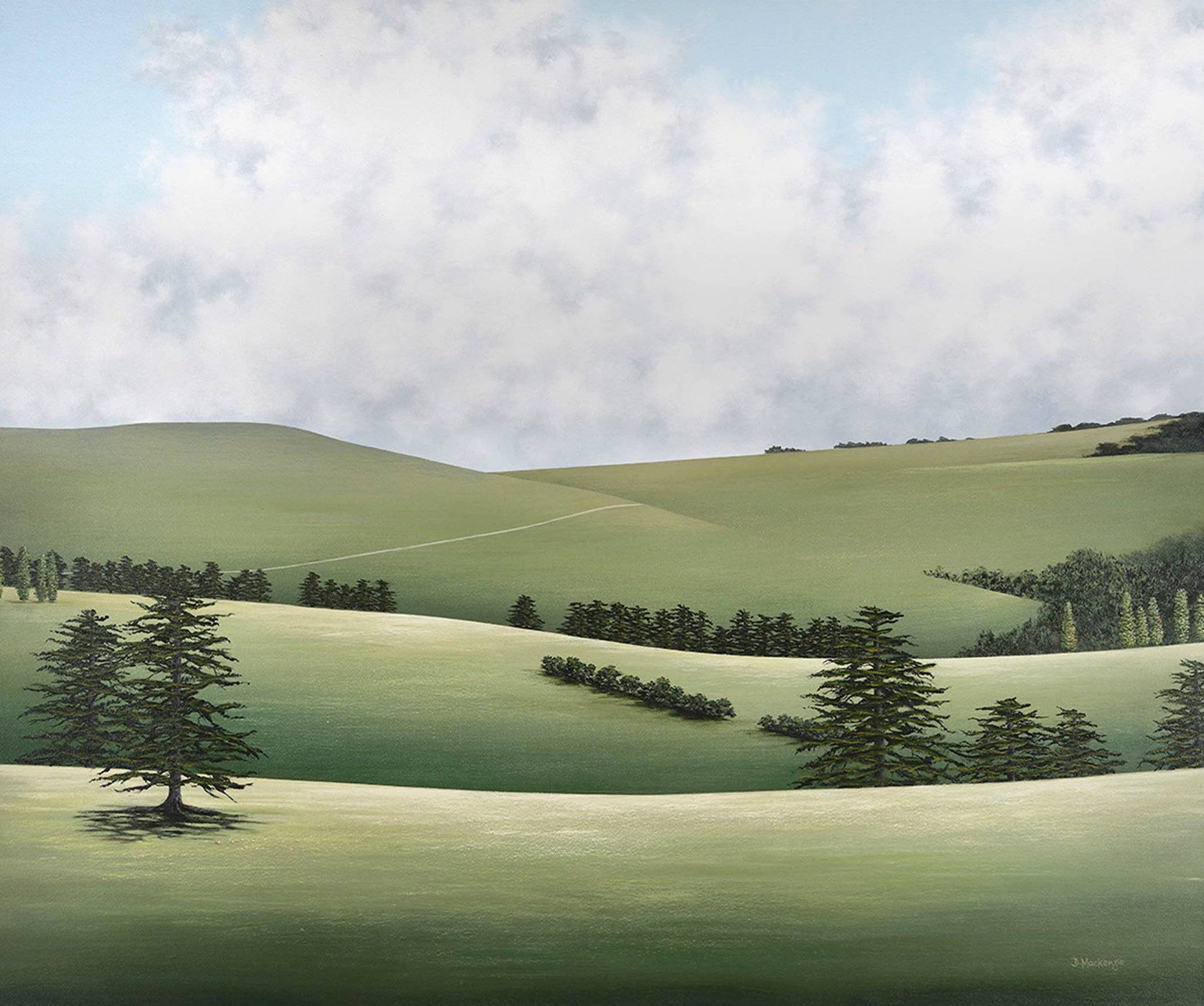 Buller Bound by Debbie Mackenzie - A painting of a calm, country landscape with green fields and blue sky