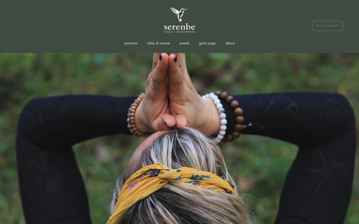 Screenshot of Serenbe Yoga, from the squarespace yoga websites collection.