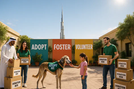 People with donation boxes stand next to a dog wearing an 'Adopt Me' vest, with Adopt, Foster, Volunteer signs and the Burj Khalifa behind them.