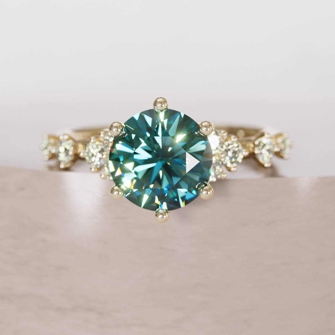 round Cut Teal Sapphire and Diamond celestial Engagement Ring 