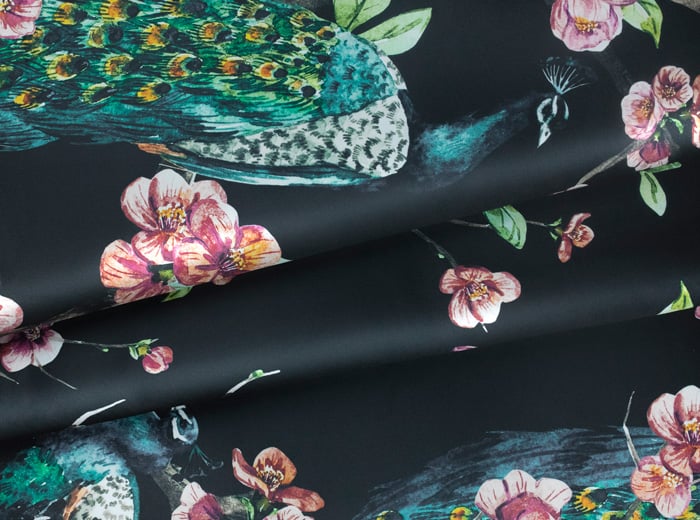 Black & green tropical bird satin fabric Pattern Image
