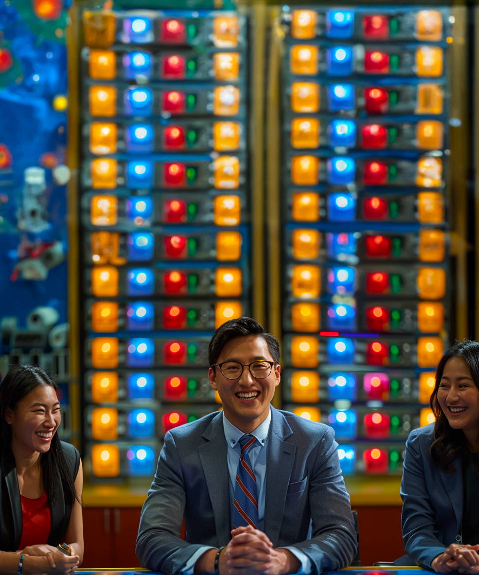 People smiling and laughing in front of a lit up background (small)