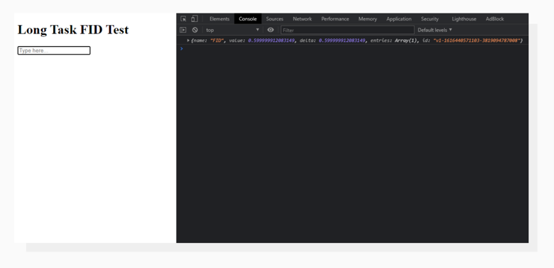The value is not that big this time. Chrome console displaying First Input Delay